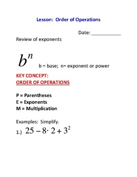 Preview of Order of Operations Lesson Plan