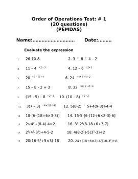 Preview of Order of Operations (PEMDAS) Test # 1