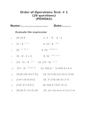 Order of Operations (PEMDAS) Test # 1