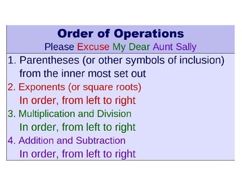 Preview of Order of Operations (Please Excuse My Dear Aunt Sally) Poster