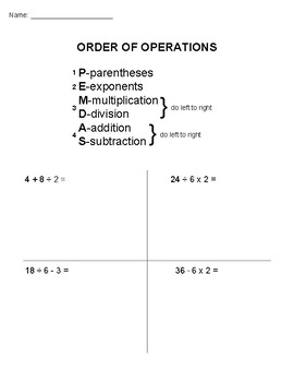 Preview of Order of Operations Worksheet (PEMDAS)