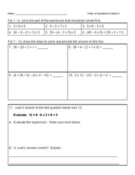 Preview of Order of Operations Practice Worksheet