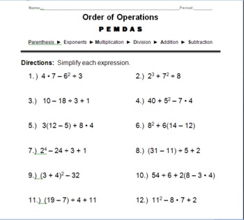 Order of Operations Practice Worksheet  PEMDAS by K Phillips  TpT