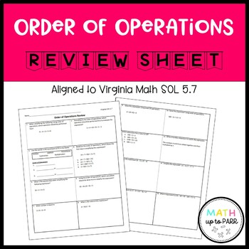 Preview of Order of Operations Review Sheet- 5th Grade Math SOL 5.7