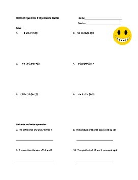 Preview of 5th Grade: Order of Operations & Expressions Review and Quiz