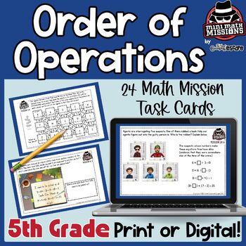 Preview of Order of Operations Task Cards 5th Grade Math Mini Escape Room & CSI Challenges