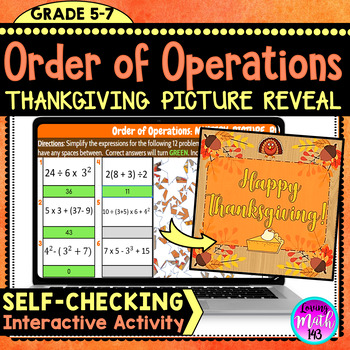Preview of Order of Operations Thanksgiving Digital Math Mystery Picture Reveal