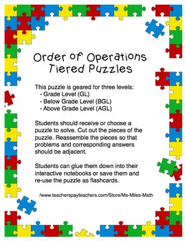 Preview of Order of Operations Tiered Puzzles