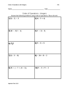 Preview of Order of Operations WS with Integers