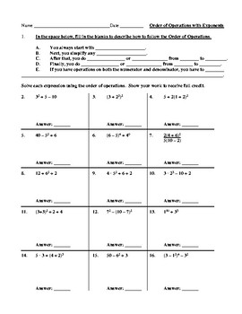 Preview of Order of Operations With Exponents Practice Worksheet