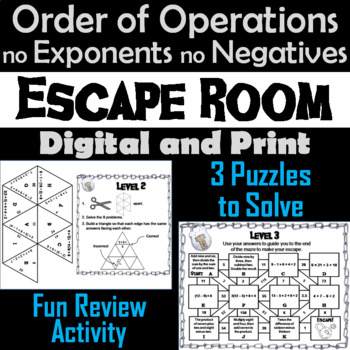 Preview of Order of Operations Activity Escape Room Game: No Exponents or Negative Numbers