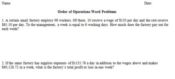 Preview of Order of Operations Word Problems