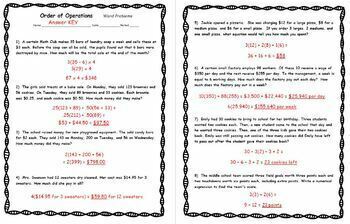 Order of Operations Word Problems Worksheet and Answer KEY | TpT