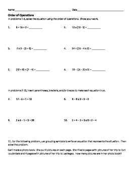 Preview of Order of Operations Worksheet