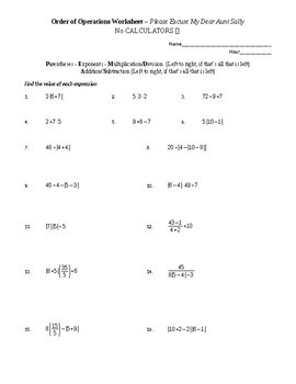 Preview of Order of Operations Worksheet (Includes Parentheses and Exponents)