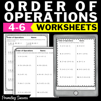 Preview of Order of Operations Worksheet Activity No Exponents Practice Division 6th Grade