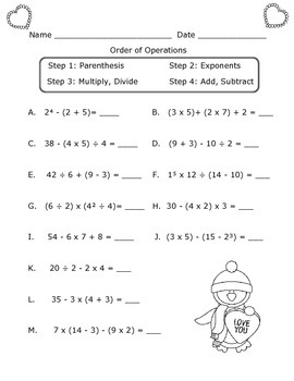 Preview of Order of Operations Worksheet : Valentine's Day Theme