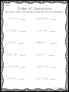 Preview of Order of Operations Worksheet (without parentheses and exponents)