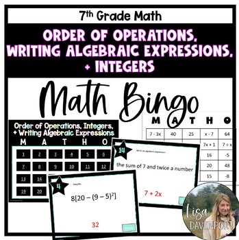 Preview of Order of Operations, Writing Algebraic Expressions, and Integers Math Bingo Game