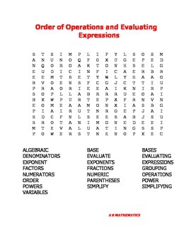 Preview of Order of Operations and Evaluating Expressions Word Search