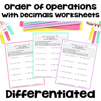 Preview of Order of Operations with Decimals Worksheets - Differentiated