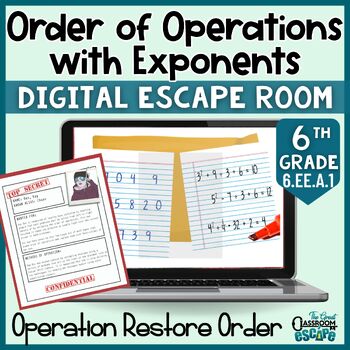 Preview of Order of Operations with Exponents Digital Escape Room 6th Grade Math Activity