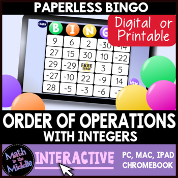 Preview of Order of Operations with Integers Interactive Digital Bingo Game