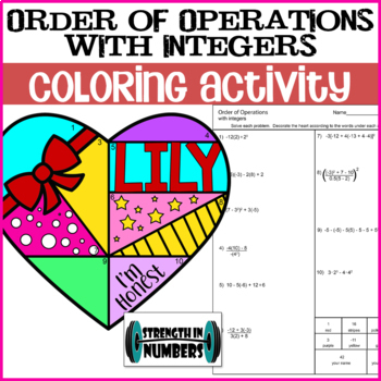 Preview of Order of Operations with Integers Valentine's Day Heart Coloring Activity