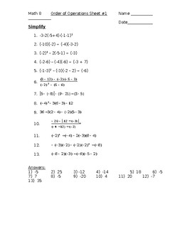 Order of Operations with Integers Worksheet #1 by Kara Gibson | TpT