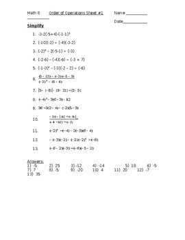 Preview of Order of Operations with Integers Worksheet #1