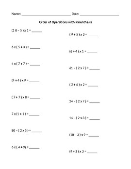 Preview of Order of Operations with Parenthesis