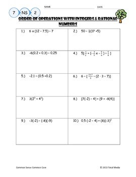 Preview of Order of Operations with Rational Numbers Worksheet