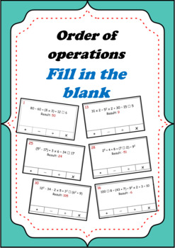Preview of Order of operations - Fill in the blank Worksheet and Task cards