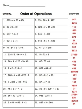 Preview of Order of Operations   self correcting