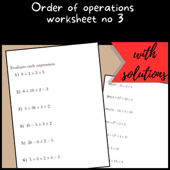 Preview of Order of operations worksheet no 3 (with solutions)