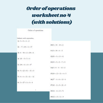 Preview of Order of operations worksheet no 4 (with solutions)