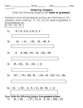 Preview of Ordering Absolute Value Worksheet - Ordering Positive and Negative Integers