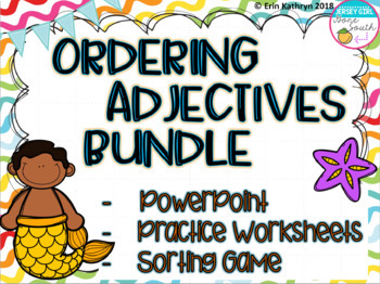 Preview of Ordering Adjectives PowerPoint, Sorting Game, and Practice Worksheet Bundle