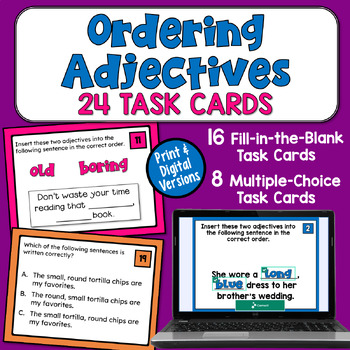 Preview of Ordering Adjectives Task Cards: 24 Practice Cards for 4th Grade