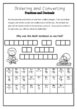Ordering & Converting Fractions and Decimals- Fun Riddle Worksheet