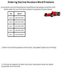 Preview of Ordering Decimal Numbers (Word Problems)