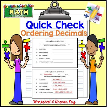 Preview of Ordering Decimals QUICK CHECK Math Worksheet + Answer Key Quiz Test