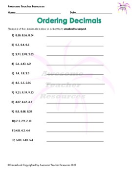 Ordering Decimals Worksheet by Awesome Teacher Resources | TpT