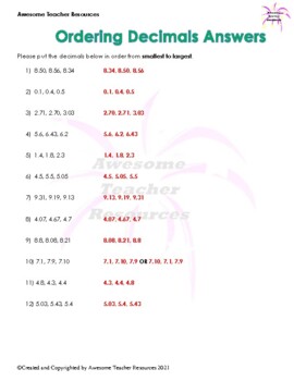 Ordering Decimals Worksheet By Awesome Teacher Resources 