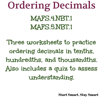 Preview of Ordering Decimals in Tenths, Hundredths, Thousandths (4.NBT.1, 5.NBT.1)
