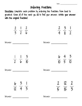 Preview of Ordering Fractions Worksheet