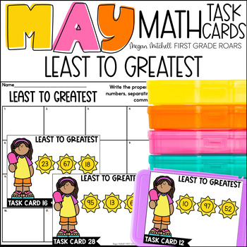 Preview of Ordering Numbers Least to Greatest May Task Card Activity ELA Centers