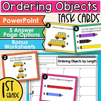 Preview of Ordering Objects Task Cards for First Grade | Measurement Activities