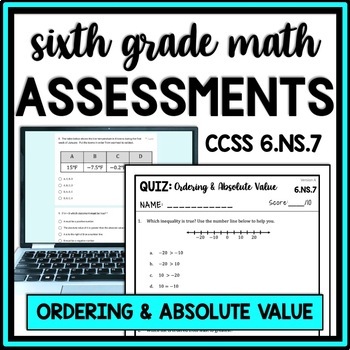 Preview of Comparing Rational Numbers & Absolute Value Quiz, Positive & Negative Worksheets