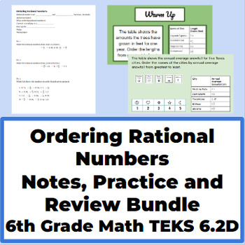 Preview of Ordering Rational Numbers Notes, Practice, and Review Bundle Math TEKS 6.2D